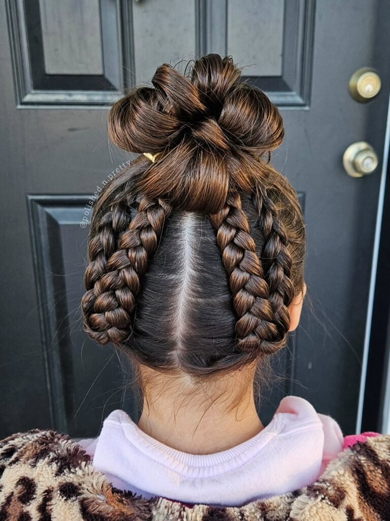 Two loose Dutch braids running back along the head with even low tension