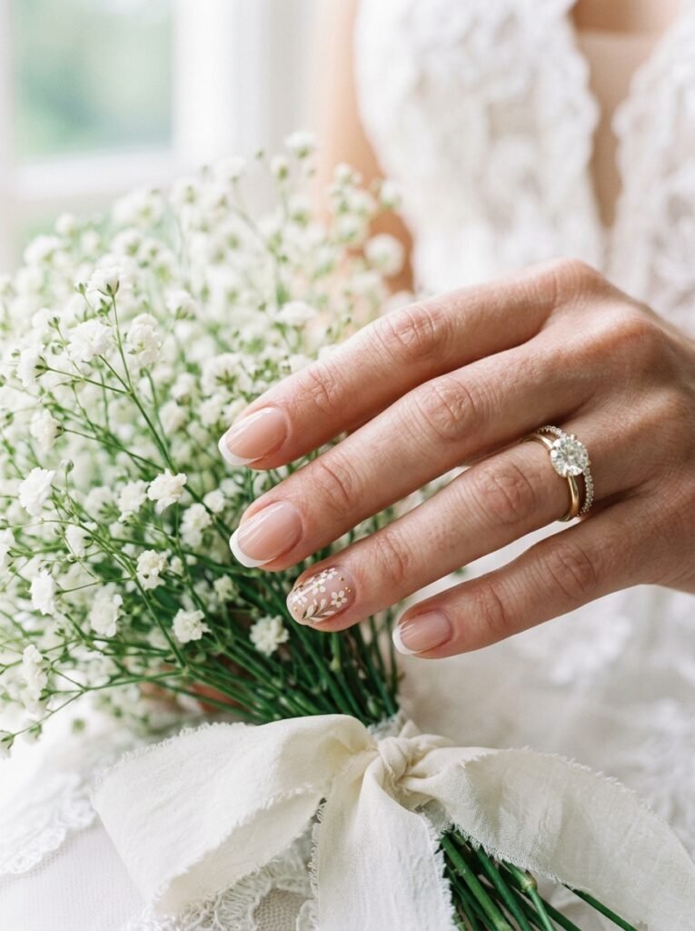 Bridal accent nails with fine line tips, micro florals, pearls, and lace detail