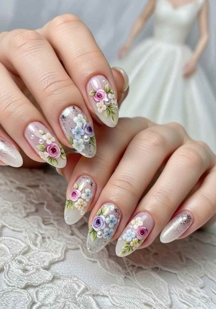 Delicate Floral Bridal Nails