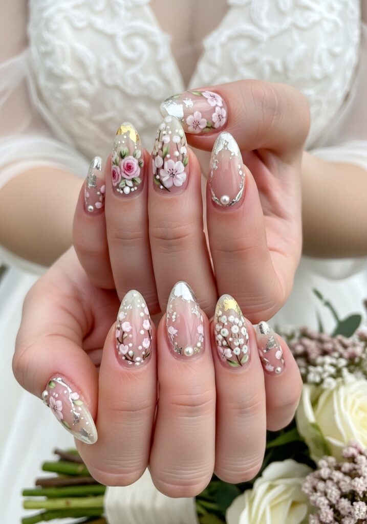 Delicate Floral Bridal Nails