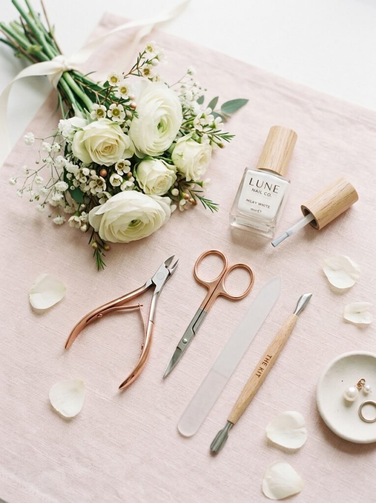 Medium-length squoval bridal nails holding a bouquet stem