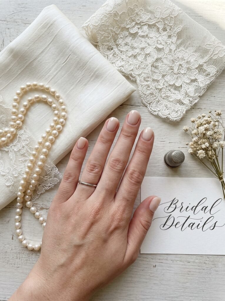 Nail polish swatch held beside a wedding band and lace gown fabric for matching