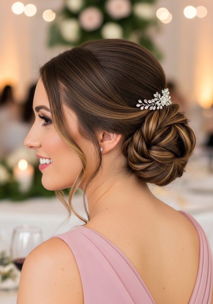 Low Twisted Bun for Bridesmaid Elegance