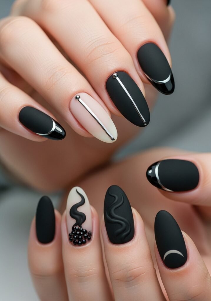 Matte Black Contrast Nails
