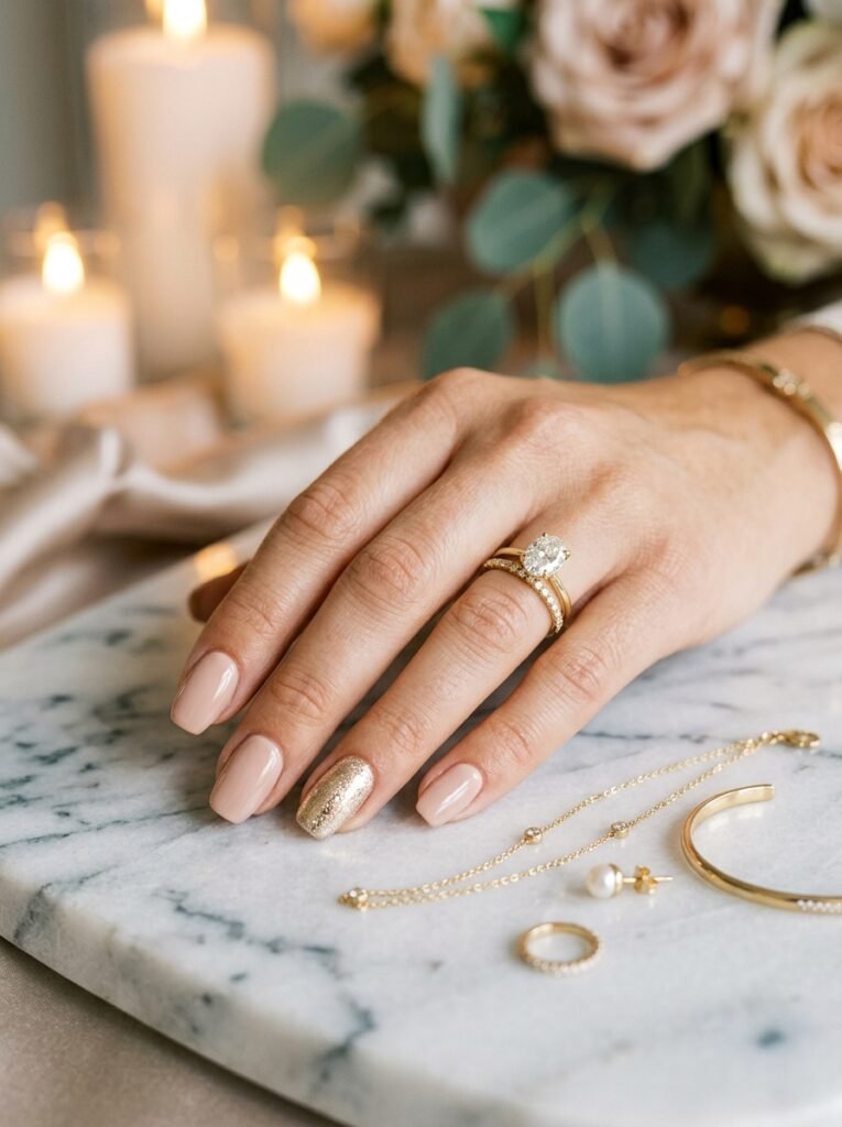 Metallic bridal nails in champagne gold, foil detail, silver chrome, and fine line art