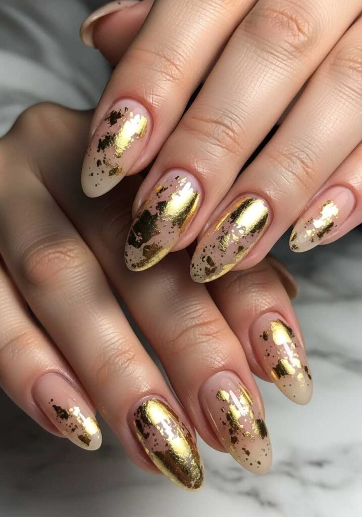 Nude Nails with Gold Foil Accents