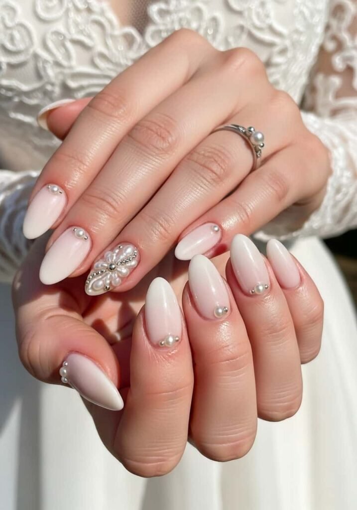 Pearl Accent Bridal Nails