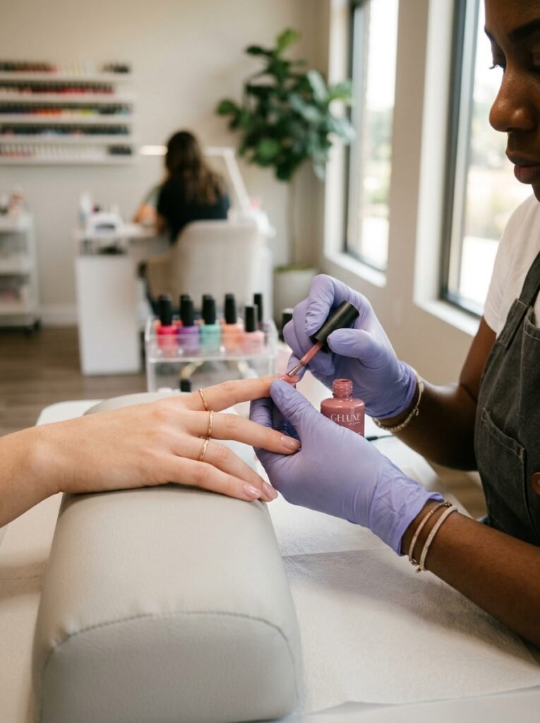 Cuticle oil and hand cream laid out as part of a pre-wedding nail routine