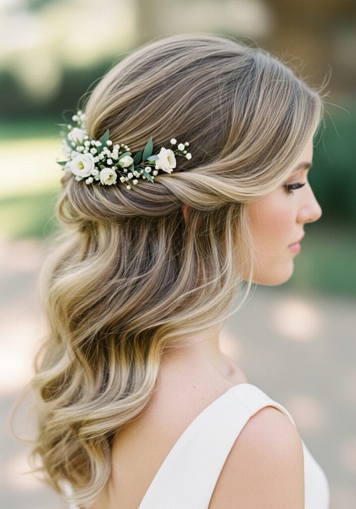 Romantic Loose Waves with Floral Pins