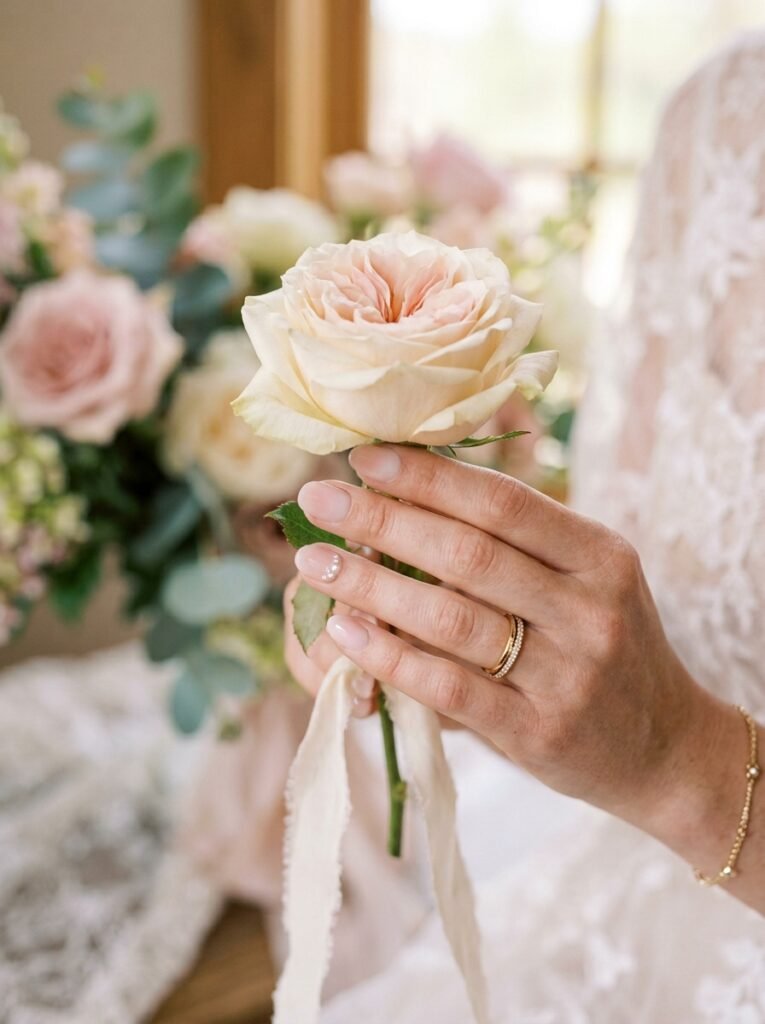Soft pink bridal manicures in ombre, petal, cherry blossom, and ruffian styles