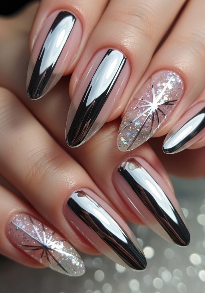 Silver Metallic Stripe Nails