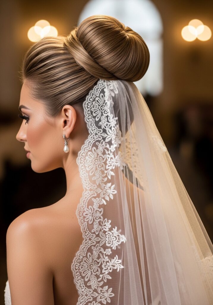 Sleek High Bun with Veil Drama