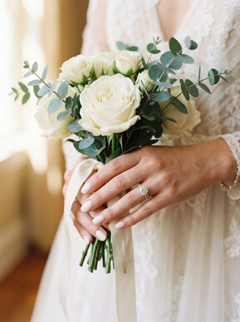 Range of bridal manicures from classic French tips to pearl and gold detail
