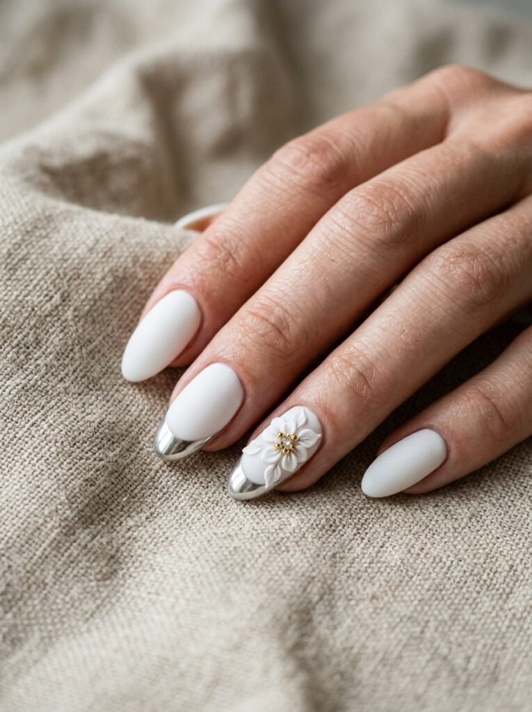 Textured bridal nails including matte and gloss contrast, 3D florals, and marble veining