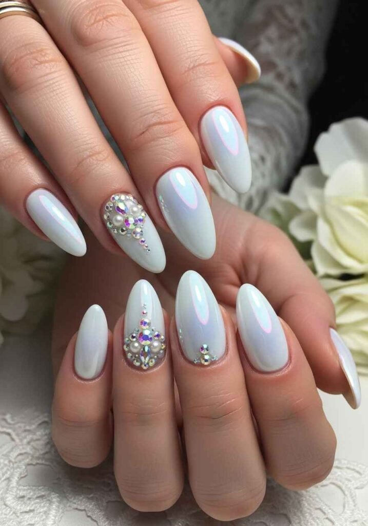 White Chrome Bridal Nails