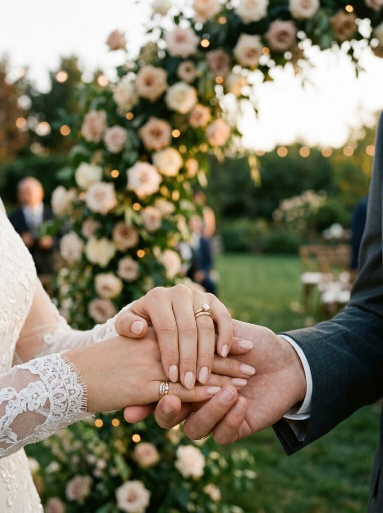 Close-up of clasped hands during vows showing a simple bridal manicure