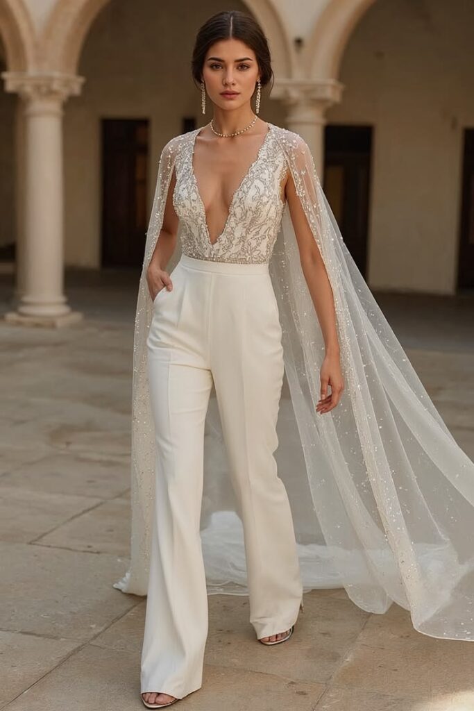 Boho Bridal Jumpsuit with Bell Sleeves