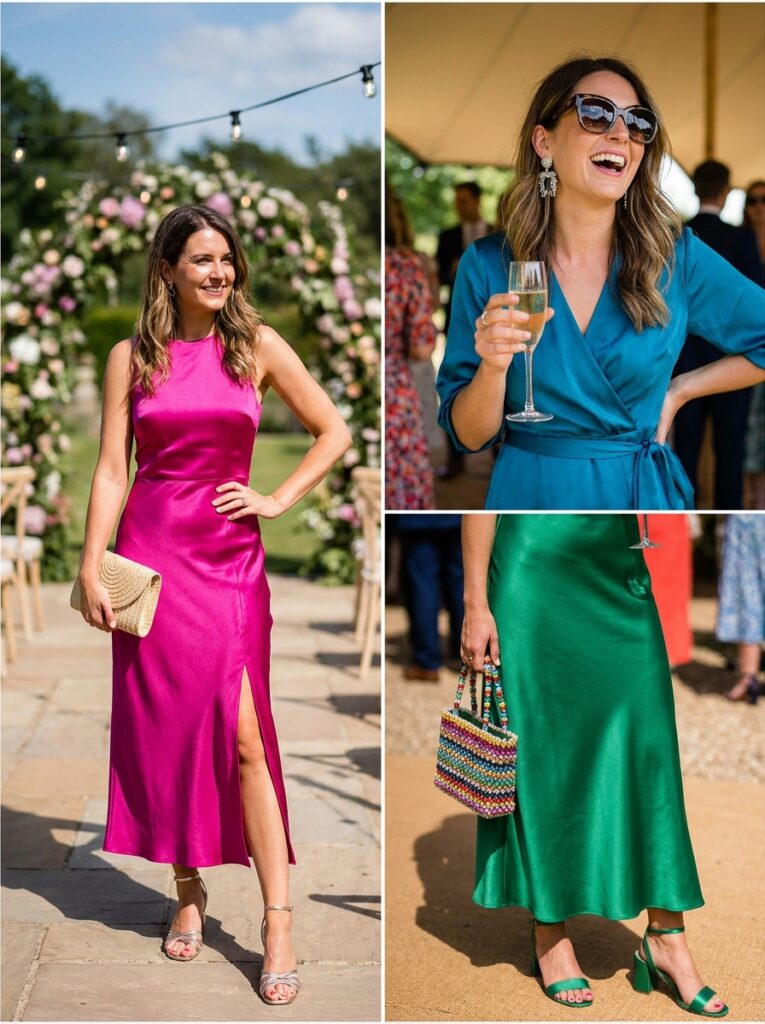 Bold Color Satin Midi Dress Summer Wedding Guest Outfit Ideas That Feel Stylish and Cool