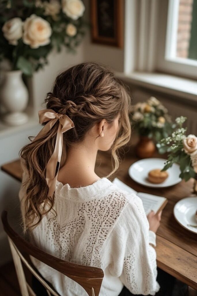 Braided Low Pony with Ribbon