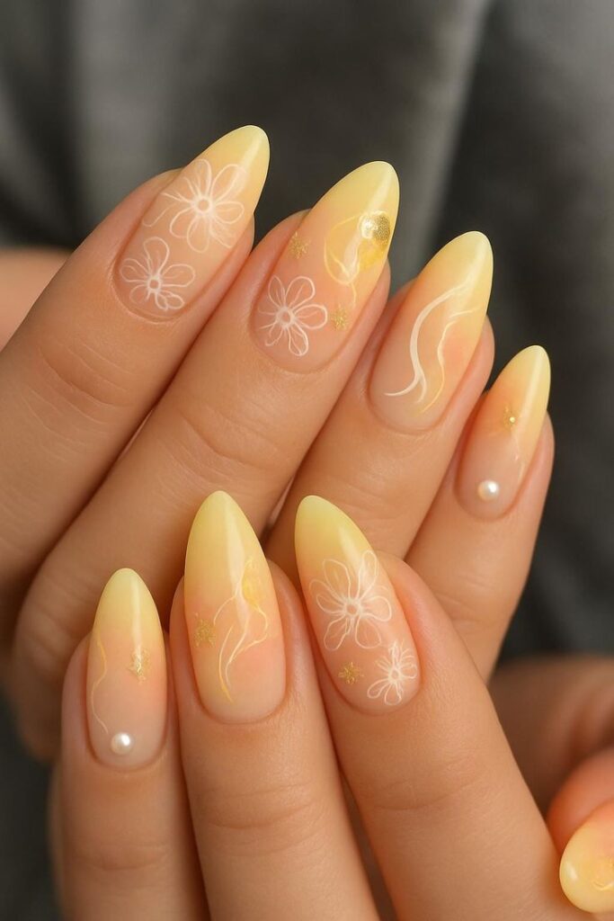 Butter Yellow and White Swirl Nails