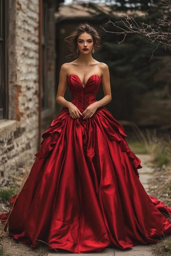 Crimson Red Gown Holiday Bridal Glamour
