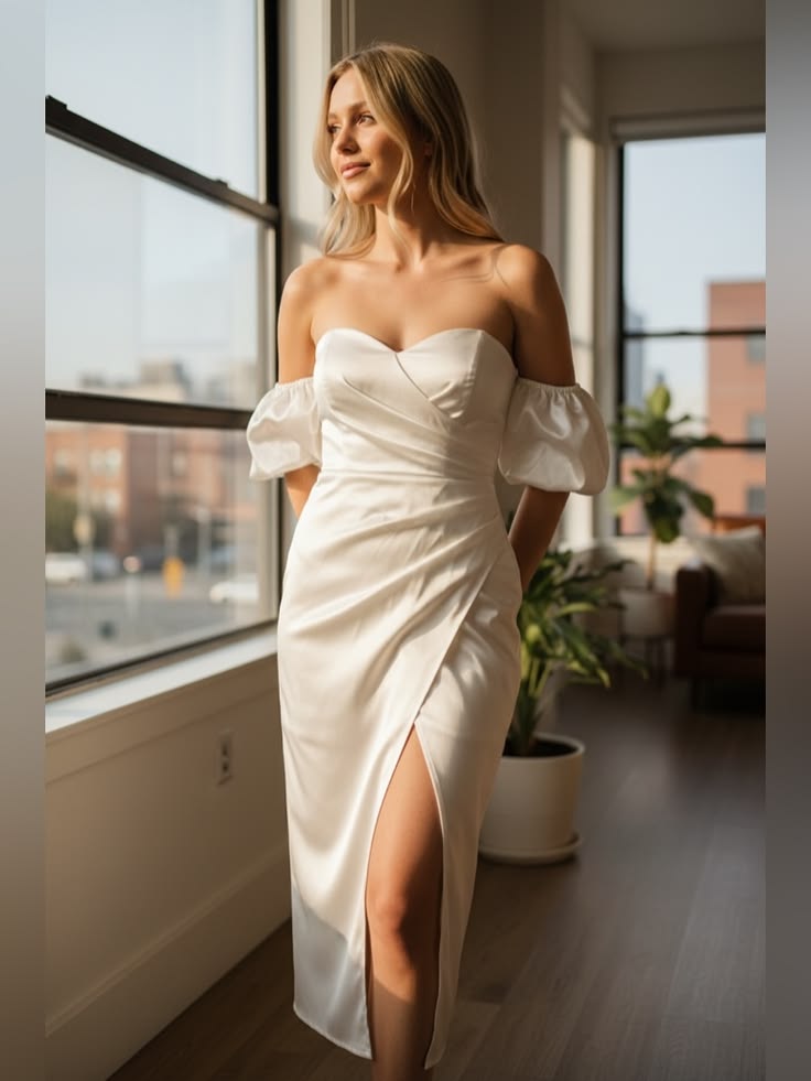 Elegant Wrap Dress in Ivory or Champagne