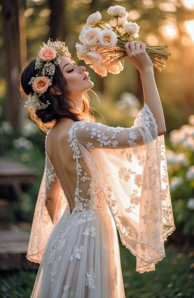 Floral Embroidered Gown with Long Sleeves