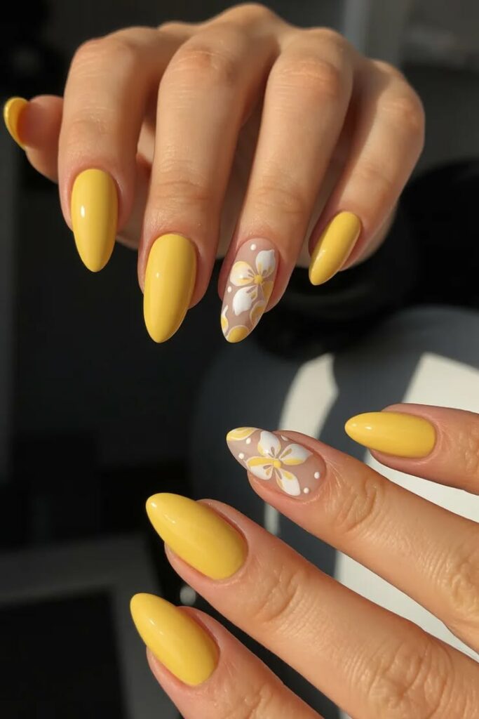 Glossy Butter Yellow Almond Nails