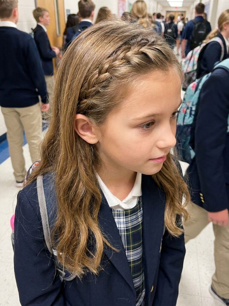 Hidden French Front Braid Hairstyle for School girl