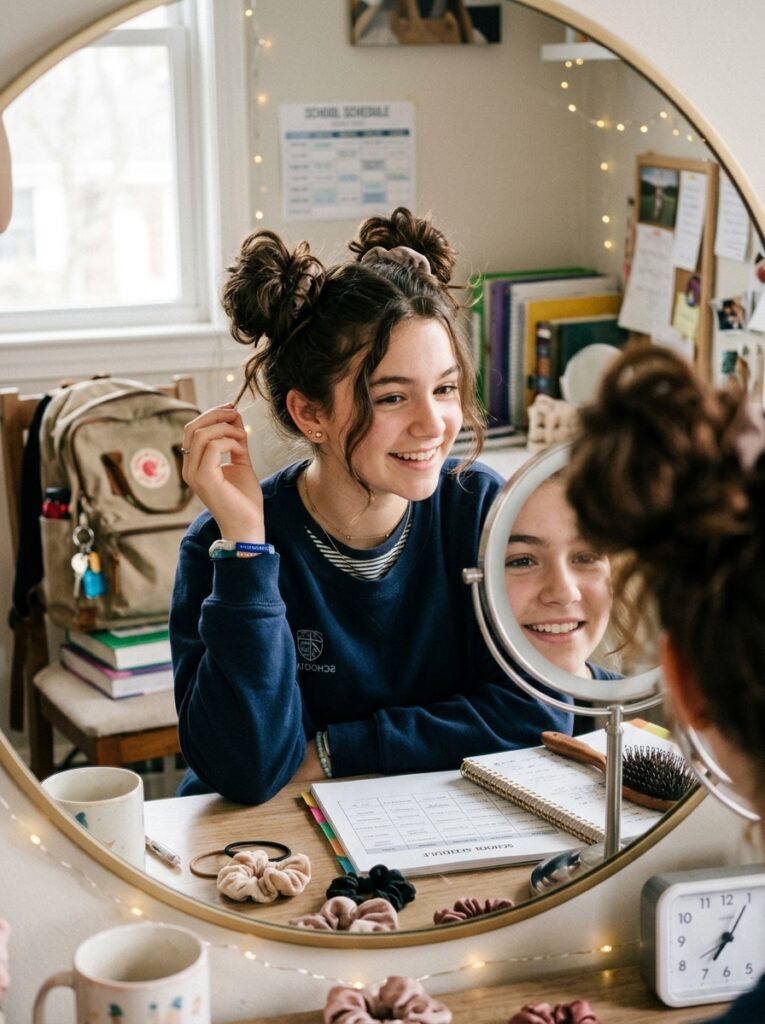 Messy Double Buns Hairstyles for School Morning