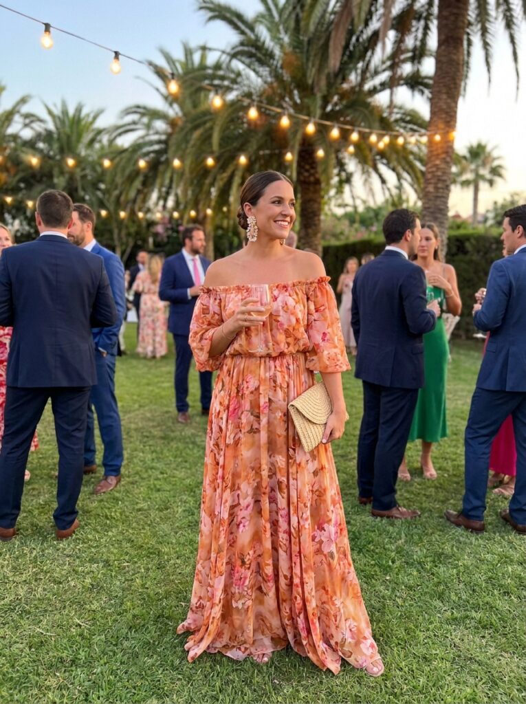 Off Shoulder Maxi Dress Glow Summer Wedding Guest Outfit Ideas That Feel Stylish and Cool