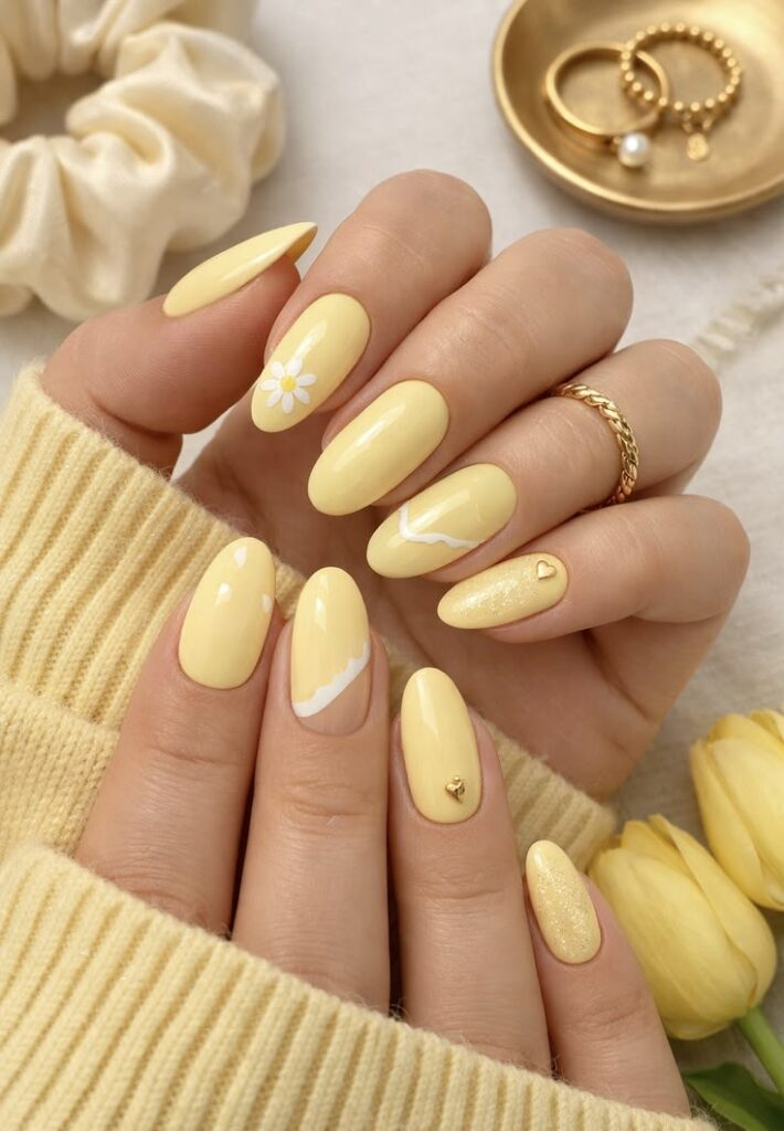 Pastel Butter Yellow Checkerboard Nails