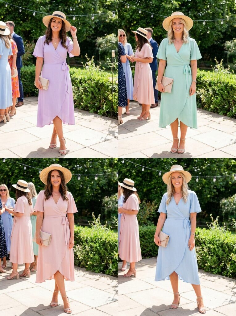 Pastel Wrap Midi Dress Charm Summer Wedding Guest Outfit Ideas That Feel Stylish and Cool