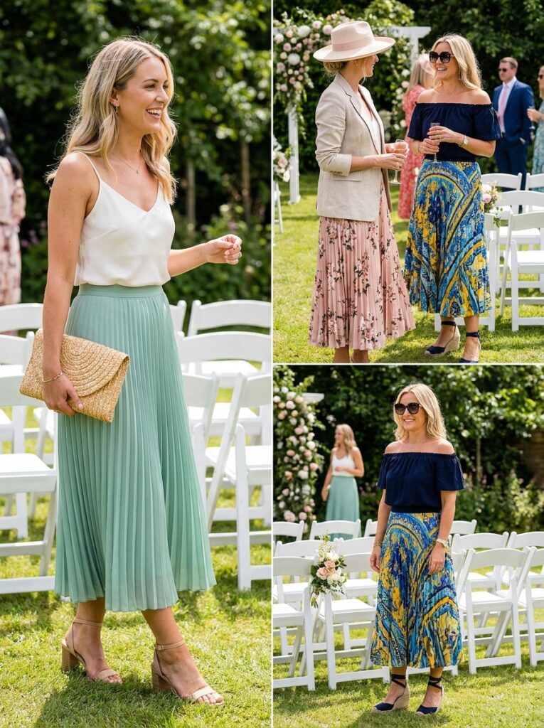 Pleated Midi Skirt Ensemble Summer Wedding Guest Outfit Ideas That Feel Stylish and Cool