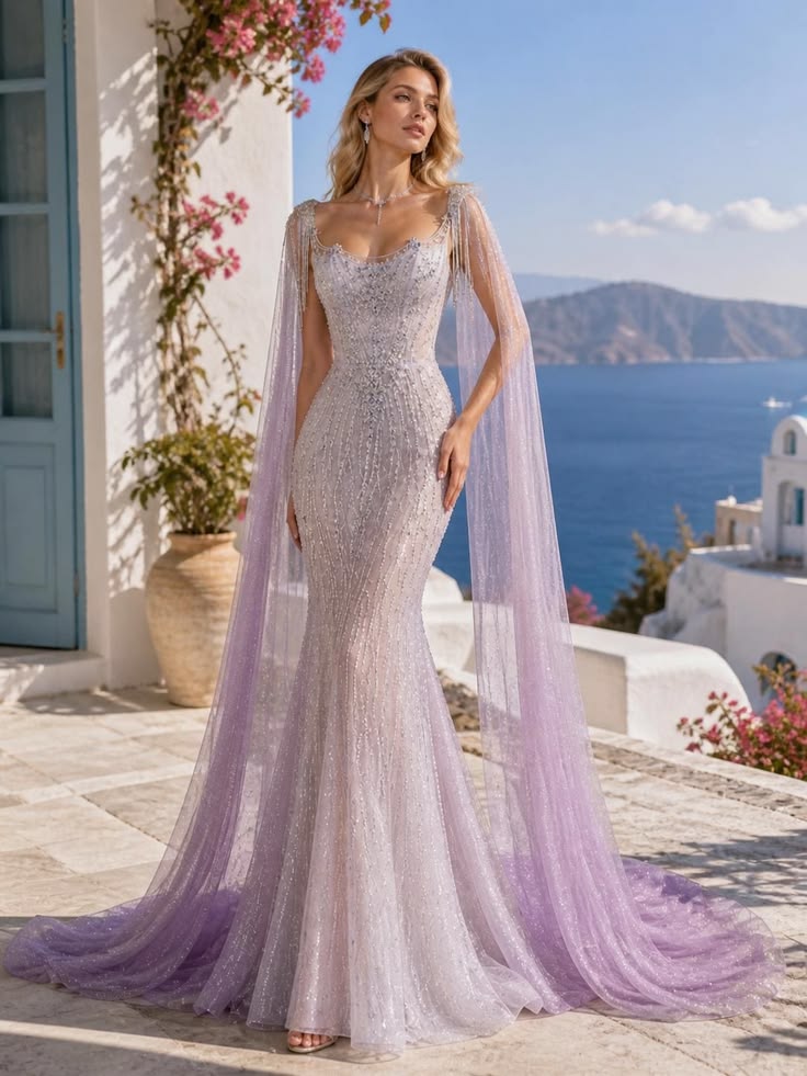 Plum or Lavender Satin Cape Gown