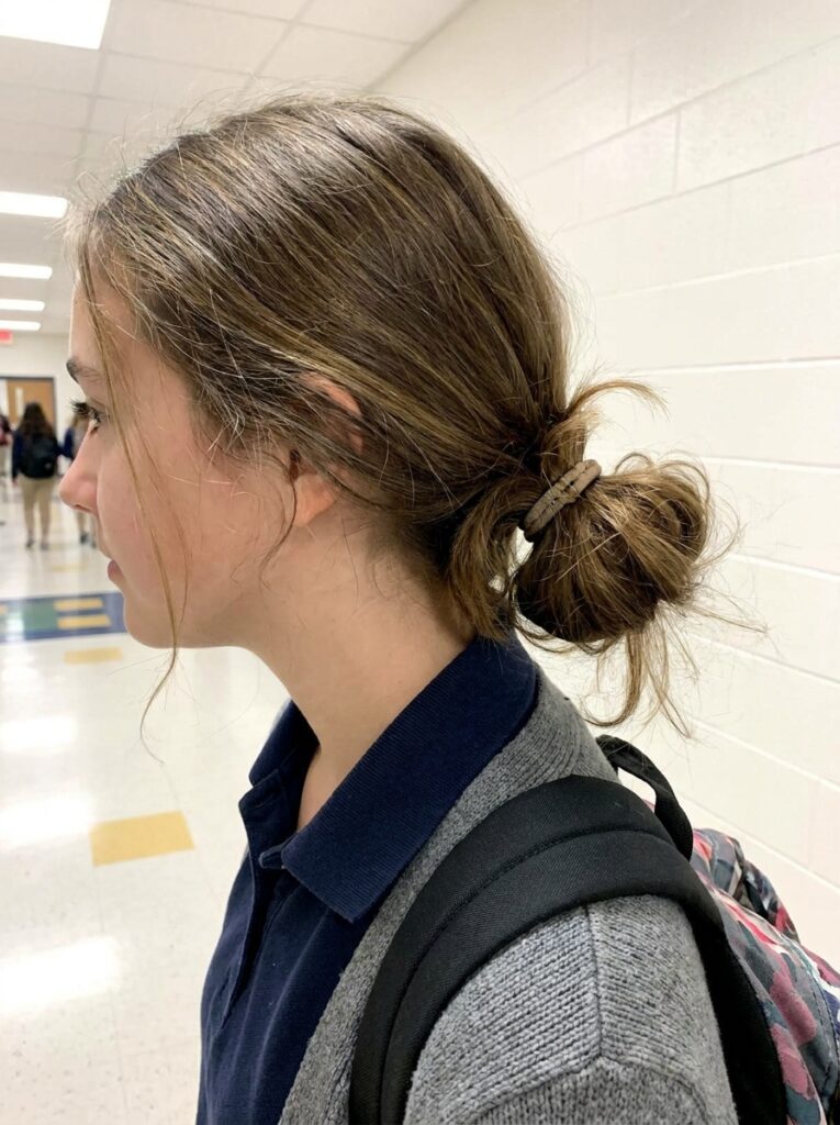 Quick Low Messy Bun Hairstyle for School girl