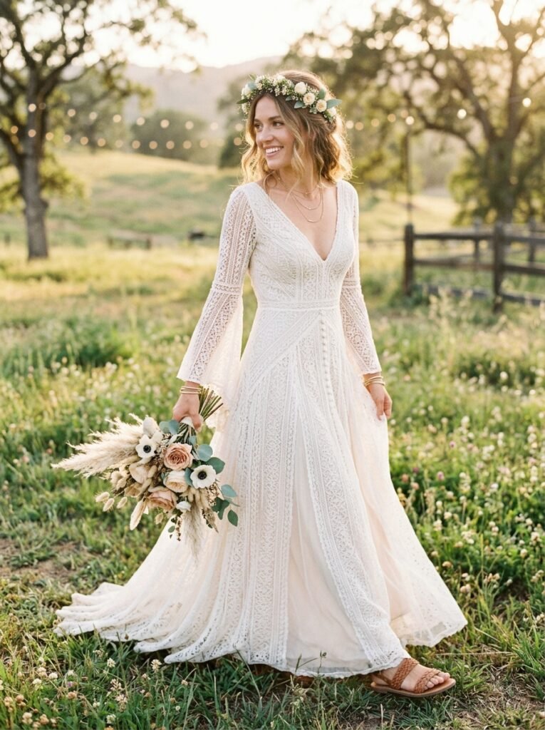 Boho Flowing Lace Bridal Dream Dress Jaw-Dropping Bridal Outfit Ideas Every Bride Will Be Saving on Pinterest This Year