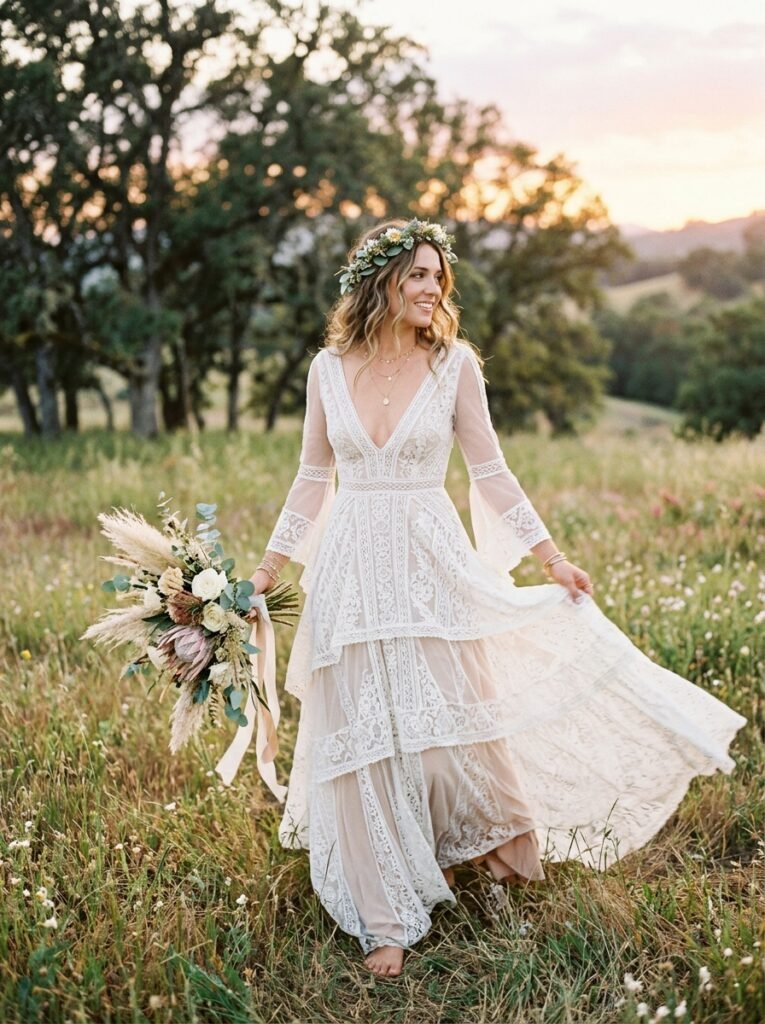 Boho Flowing Lace Bridal Dream Dress Stop Scrolling!” Bridal Outfit Idea That Are Pure Wedding-Day Perfection