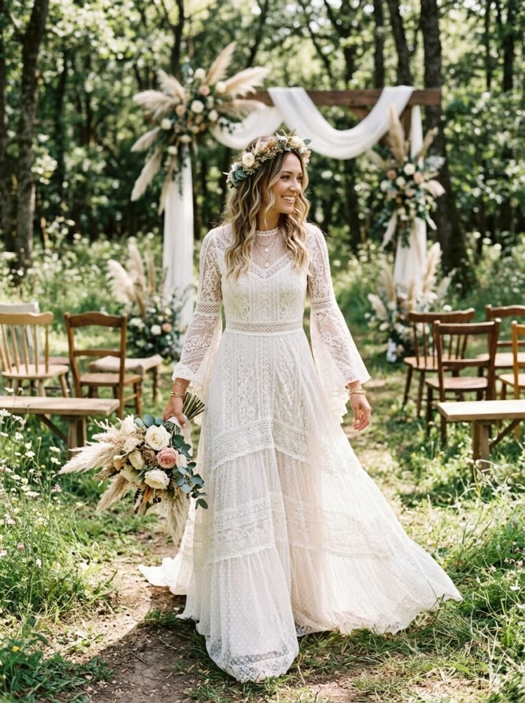 Boho Flowing Lace Bridal Dream Viral Bridal Outfit Ideas Gorgeous Wedding Looks That Will Make You Say “Yes!”
