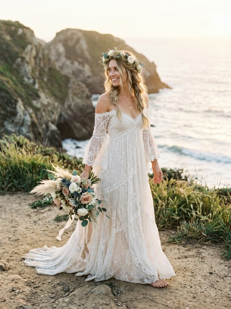 Boho Flowing Lace Bridal Free-Spirit Dress Jaw-Dropping Bridal Outfit Ideas Every Bride Will Be Saving on Pinterest This Year