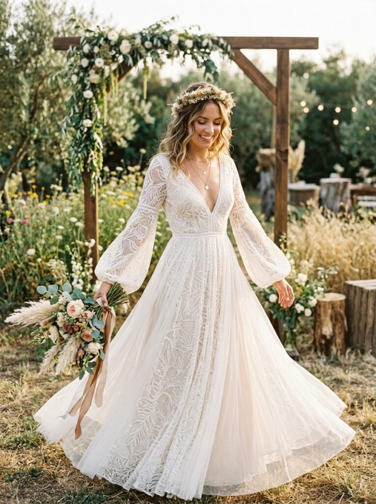 Boho Flowing Lace Viral Bridal Dream Dress Viral Bridal Outfit Ideas Gorgeous Wedding Looks That Will Make You Say “Yes!”