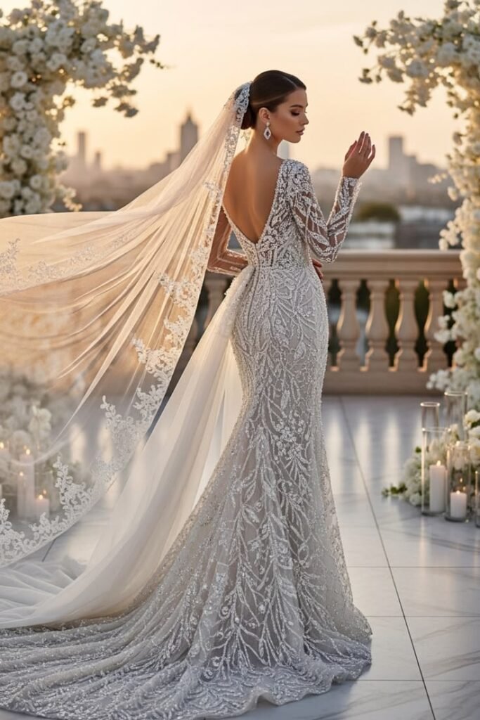 Cathedral Veil and Simple Gown Combination