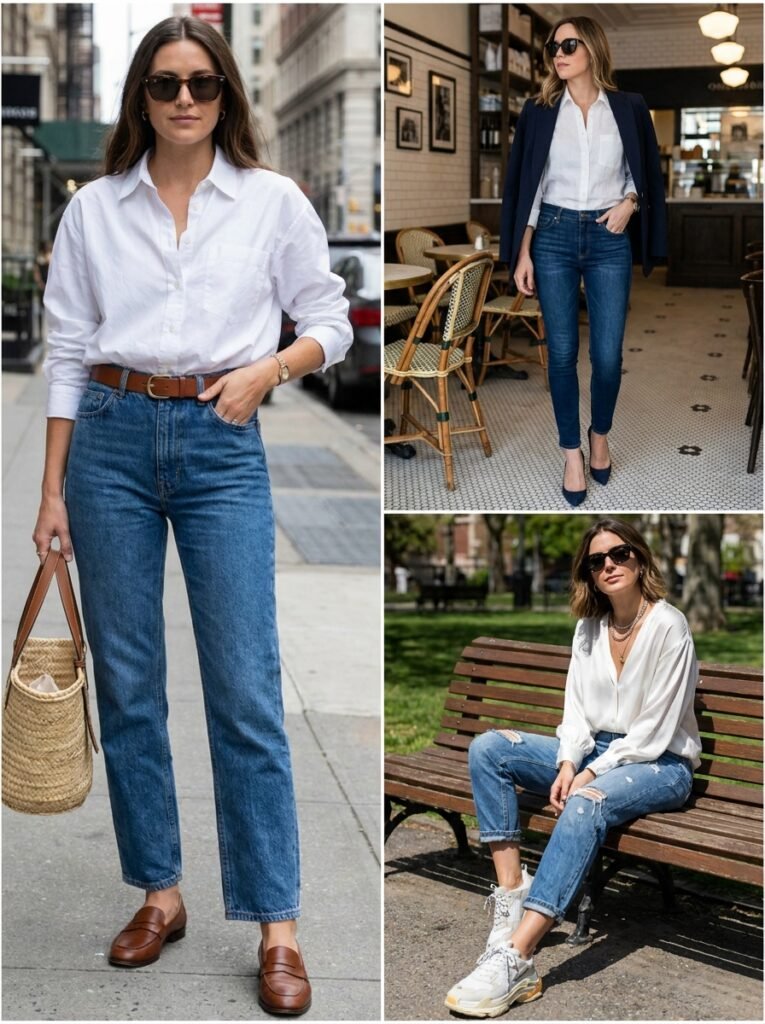 Classic White Shirt and Denim Combination Stunning Outfit Ideas Every Stylish Woman Should Try