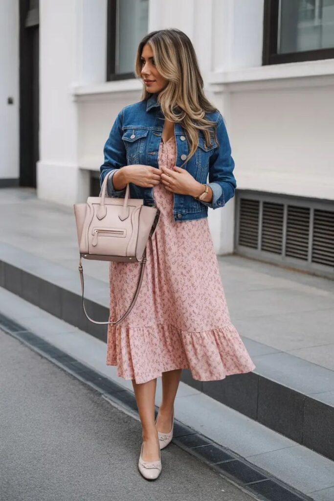 Denim Jacket Over Floral Dress Soft Feminine Look