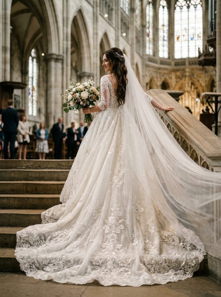 Dramatic Cathedral Train Bridal Statement Look Stop Scrolling!” Bridal Outfit Idea That Are Pure Wedding-Day Perfection
