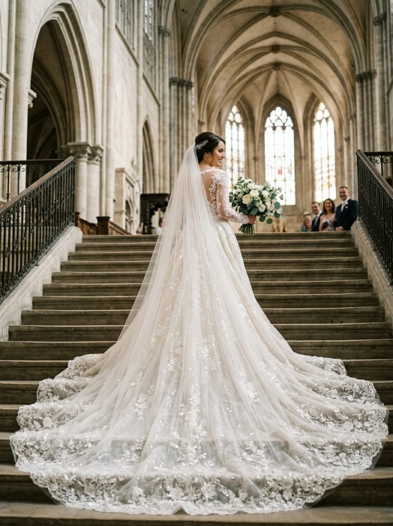 Dramatic Cathedral Train Viral Bridal Dress Viral Bridal Outfit Ideas Gorgeous Wedding Looks That Will Make You Say “Yes!”