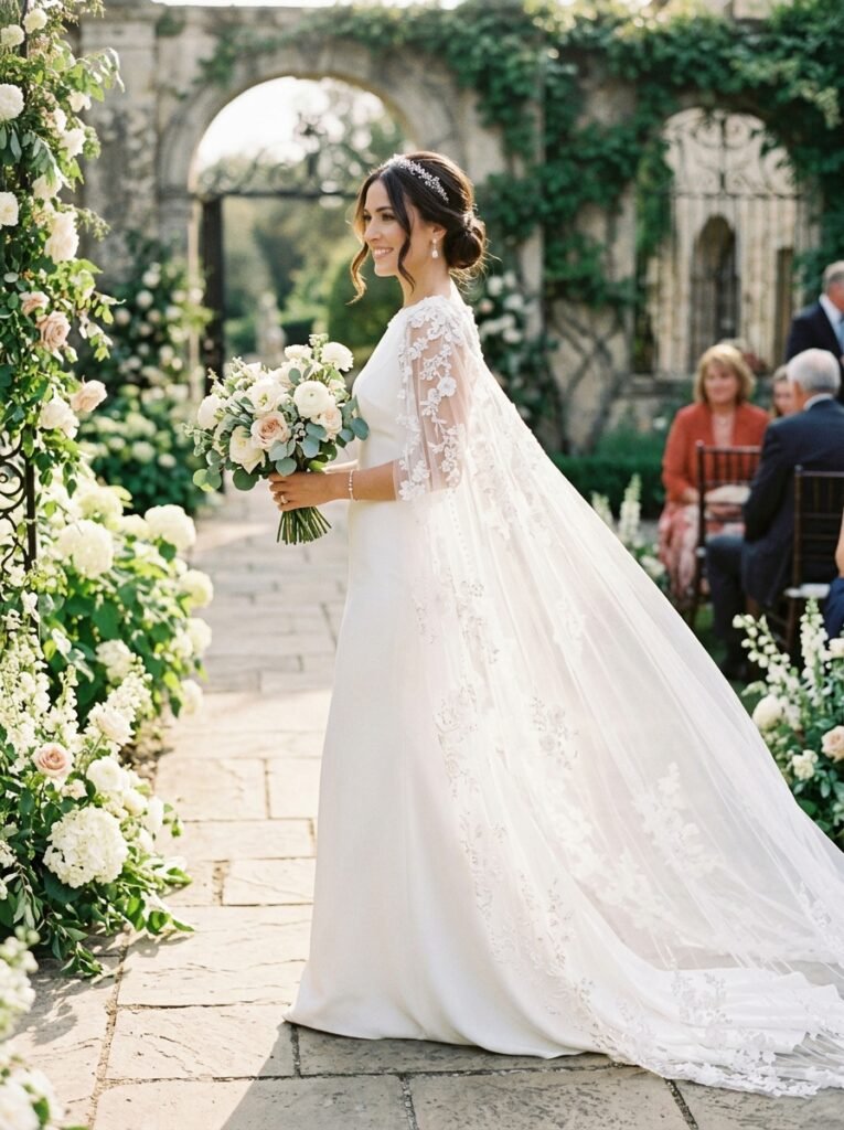 Elegant Cape Detail Viral Bridal DressViral Bridal Outfit Ideas Gorgeous Wedding Looks That Will Make You Say “Yes!”