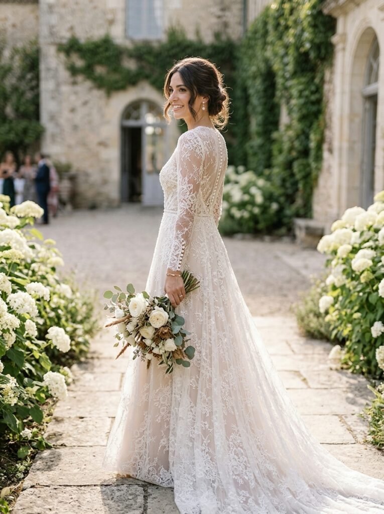 Elegant Long Sleeve Viral Lace Bridal DressViral Bridal Outfit Ideas Gorgeous Wedding Looks That Will Make You Say “Yes!”