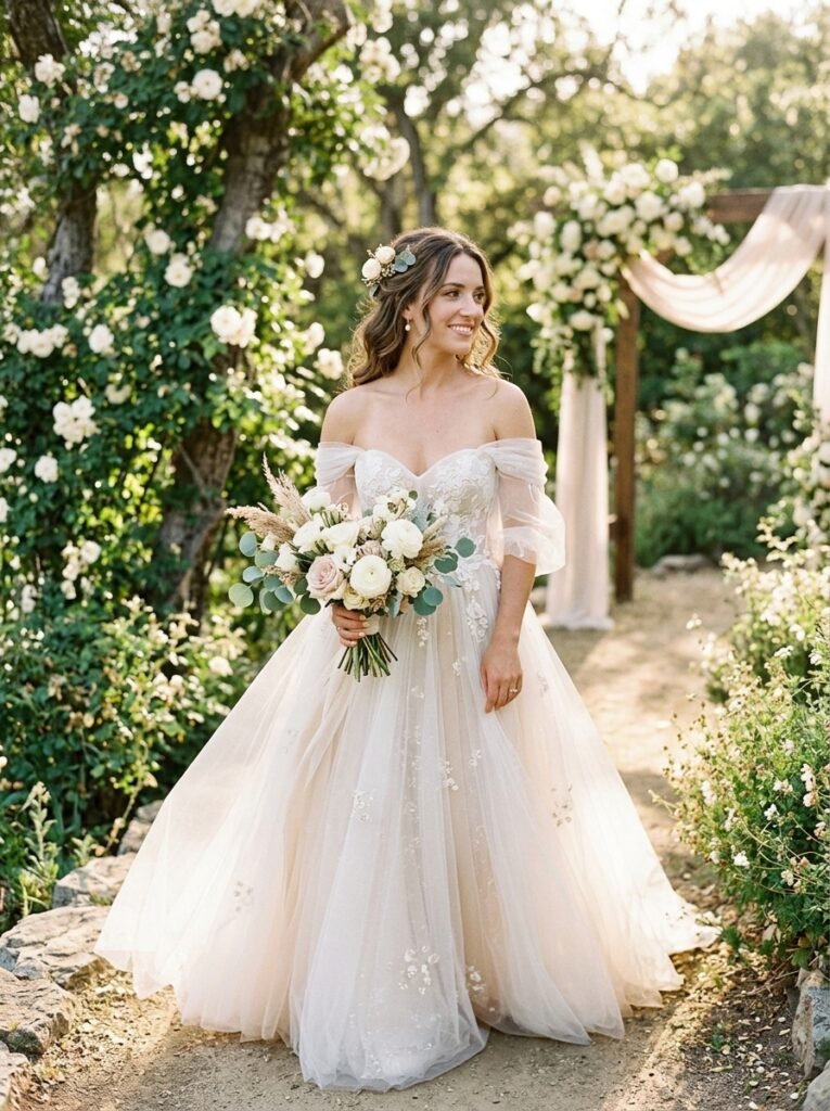 Ethereal Off Shoulder Viral Tulle Bridal Dress Viral Bridal Outfit Ideas Gorgeous Wedding Looks That Will Make You Say “Yes!”