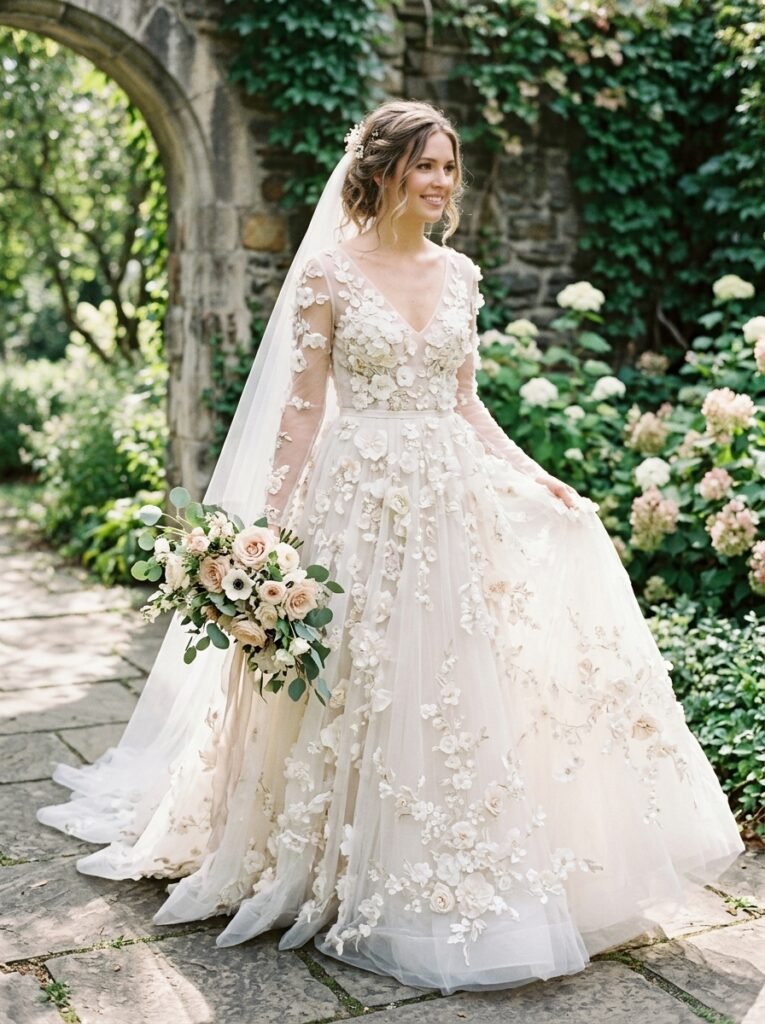 Floral Appliqué Romantic Bridal Statement Dress Jaw-Dropping Bridal Outfit Ideas Every Bride Will Be Saving on Pinterest This Year